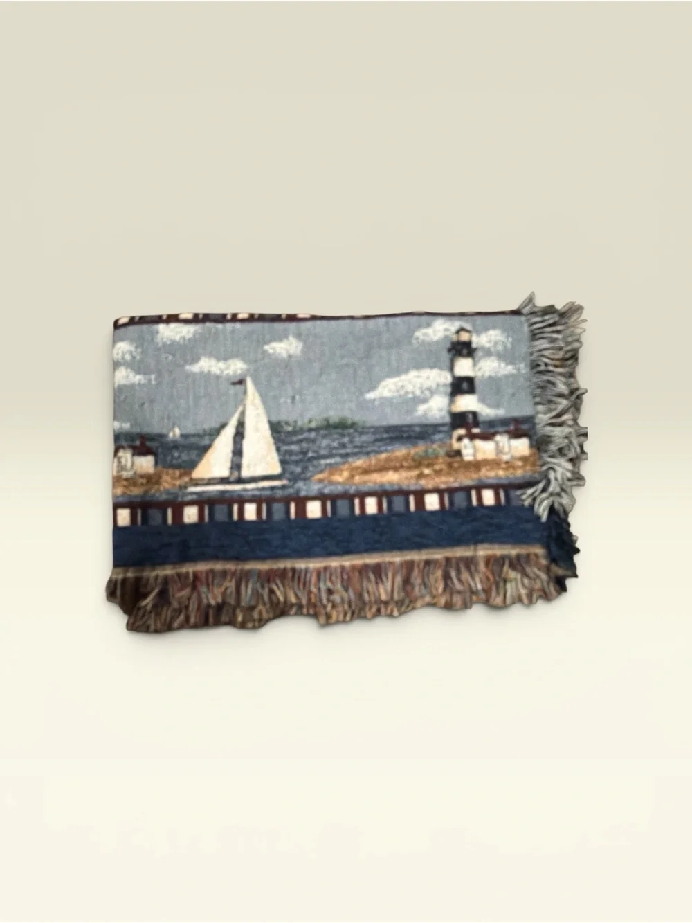 Nautical Lighthouse Tapestry Throw and Pillow - Blue, Gray, Brown